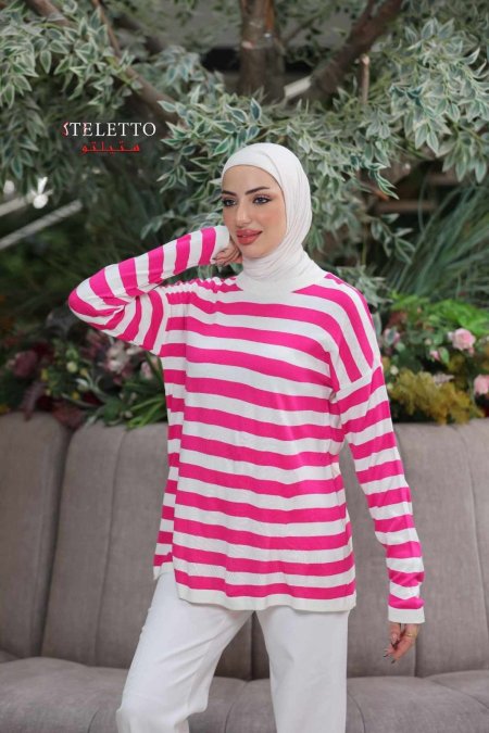 بلوز مخطط فوشي و ابيض one size